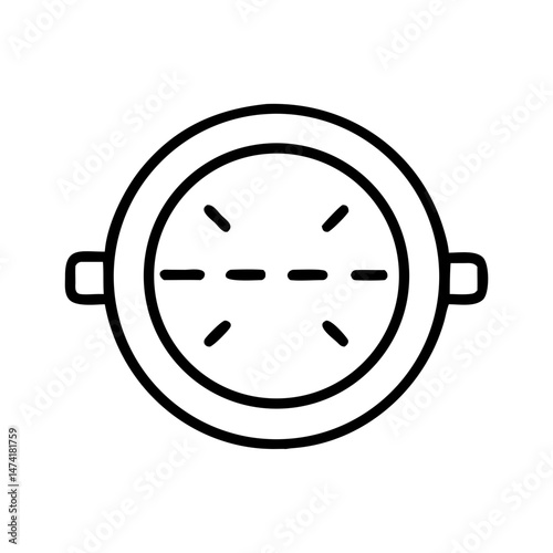 black and white icon of round plumbing access cover or inspection lid with symmetrical markings and side handles, minimal outline technical element, isolated vector