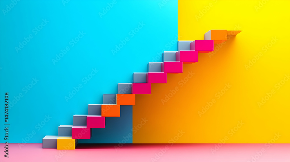 Fototapeta premium Colorful staircase ascending a vibrant wall