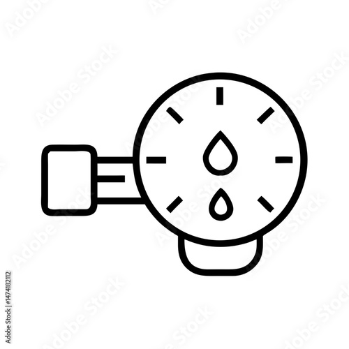 black and white icon of water pressure gauge with drop indicators and circular scale, minimal outline plumbing sensor, isolated technical utility symbol