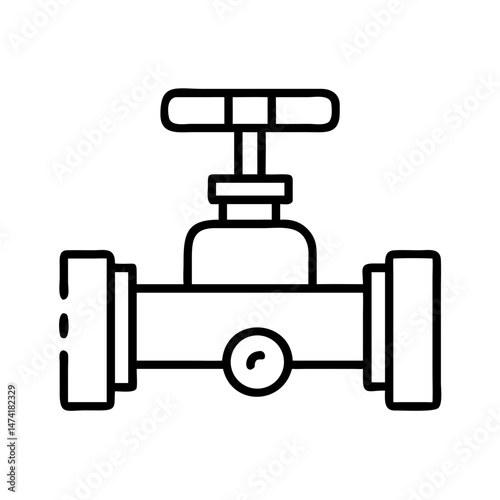 black and white icon of control valve with handwheel and integrated gauge, minimal outline plumbing equipment for water flow regulation, isolated vector symbol