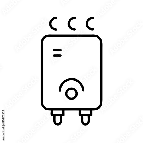 black and white icon of wall-mounted electric water heater with steam lines and temperature dial, minimal outline plumbing appliance, isolated vector symbol