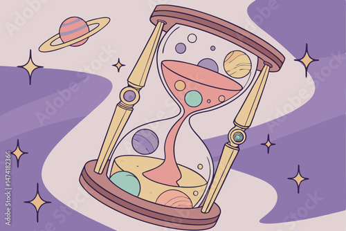 143 detailed hourglass with colorful planets and celestial bodies floating inside, whimsical digital fantasy illustration, vibrant colors, intricate details, beautiful design, highly detailed, digital