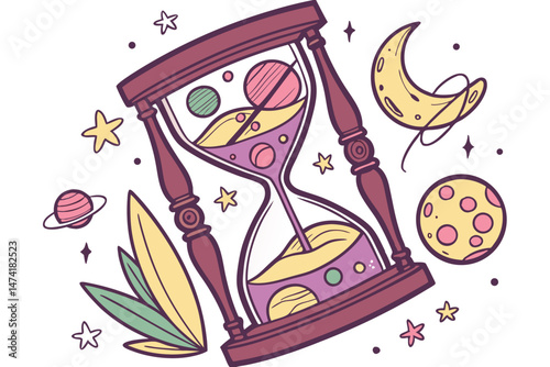 143 detailed hourglass with colorful planets and celestial bodies floating inside, whimsical digital fantasy illustration, vibrant colors, intricate details, beautiful design, highly detailed, digital