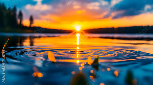 Serene sunset reflected on calm lake water, creating concentric ripples