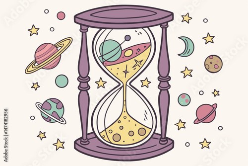 143 detailed hourglass with colorful planets and celestial bodies floating inside, whimsical digital fantasy illustration, vibrant colors, intricate details, beautiful design, highly detailed, digital