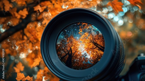 Autumnal foliage reflected in a camera lens.