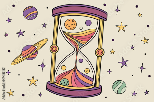 143 detailed hourglass with colorful planets and celestial bodies floating inside, whimsical digital fantasy illustration, vibrant colors, intricate details, beautiful design, highly detailed, digital