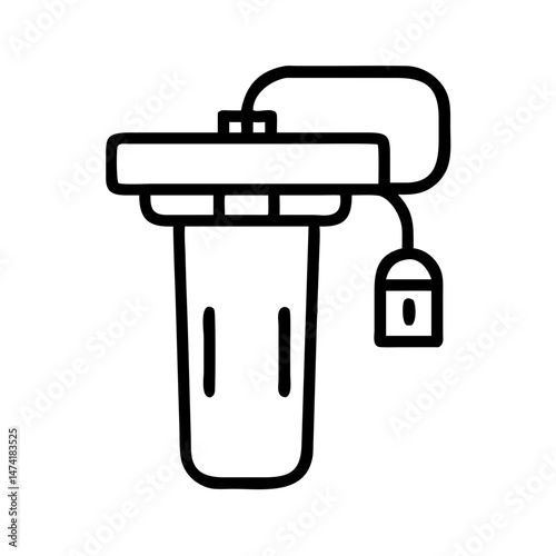 black and white icon of household water filter system with attached pipe and hanging valve, minimal outline plumbing equipment, isolated vector illustration