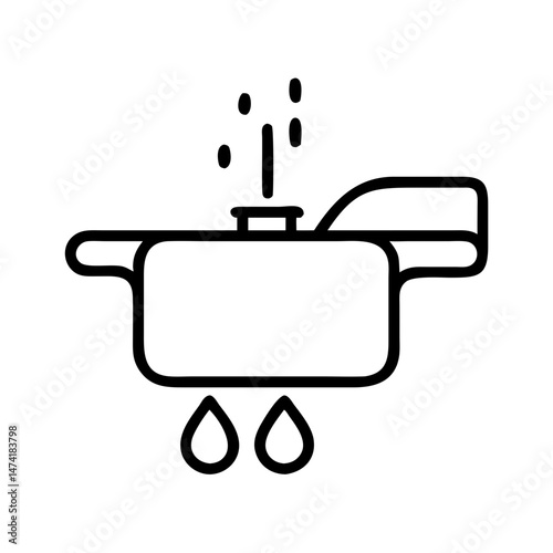 black and white icon of leaking pipe or sink trap with water drops and splash lines, minimal plumbing failure symbol, outline style, isolated