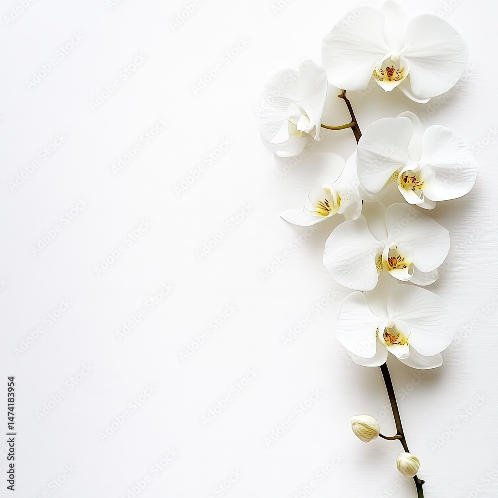 Obraz premium Elegant white orchid arrangement against a pristine white backdrop. Delicate blossoms and stems, showcasing a tranquil and graceful beauty