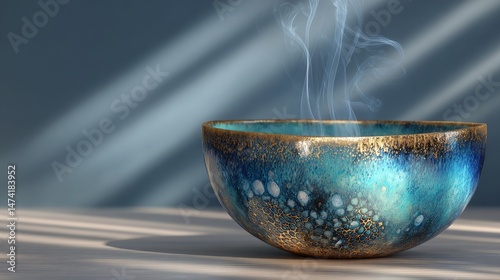 A bowl of burning incense is lit up by rays of sunlight shining through the smoke