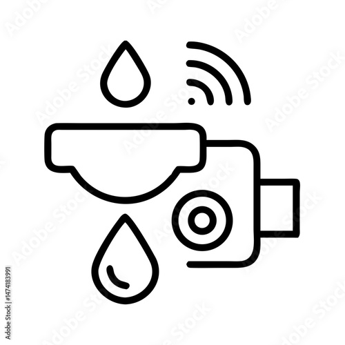 black and white icon of smart water leak sensor with dripping drops and wireless signal, minimal outline plumbing safety device, isolated vector