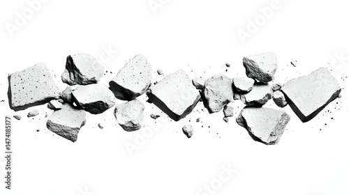 Scattered fragments of grey, broken stone against a stark white background