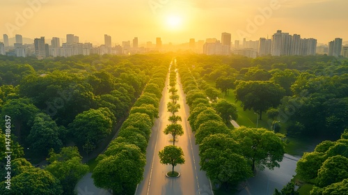 Urban park pathway stretching to a sunrise over the city.
