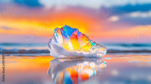 Iridescent crystal rests on a beach at sunset, reflecting vibrant colors