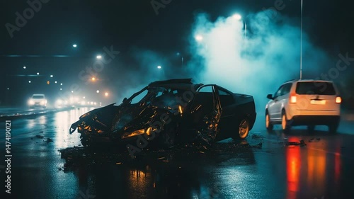 Devastating car accident at night on a wet road leaving wreckage and smoke, dramatic scene
