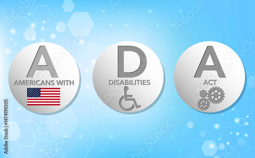 Americans with Disabilities Act, ADA. Search button with USA flag, wheelchair, on blue gradient background. information poster.