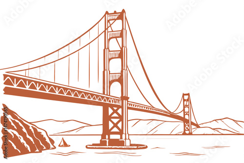 145 suspension bridge, golden gate bridge, orange architecture, minimalist illustration, architectural landmark, iconic san francisco landmark
