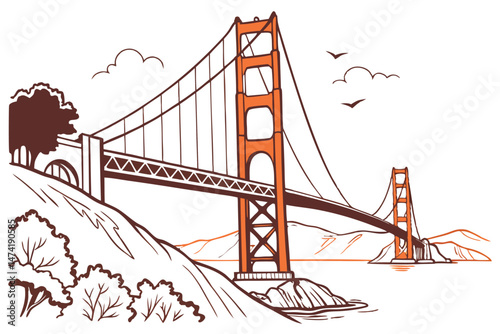 145 suspension bridge, golden gate bridge, orange architecture, minimalist illustration, architectural landmark, iconic san francisco landmark