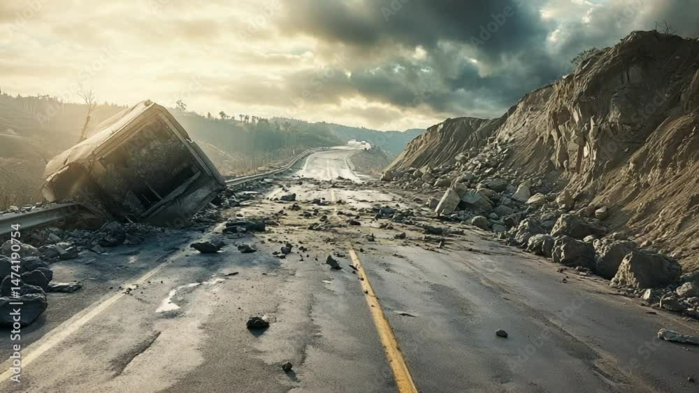 Highway devastation after catastrophic landslide, rocks blocking road and damaged vehicle