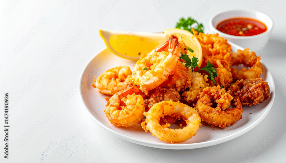 Fried seafood dish coastal restaurant food photography bright kitchen aesthetic presentation Fried seafood dish coastal restaurant food photography bright kitchen aesthetic presentation