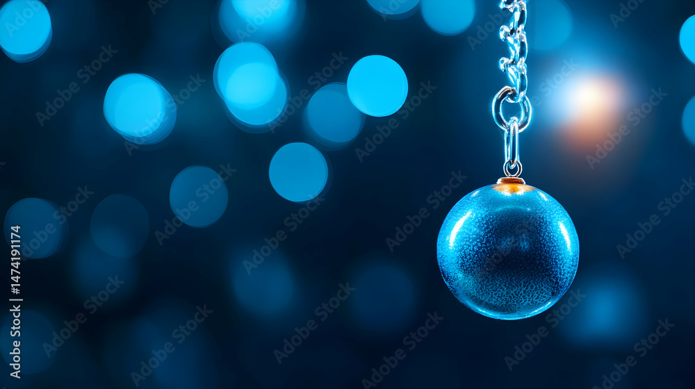 Fototapeta premium A shimmering blue sphere hangs from a chain against a bokeh background