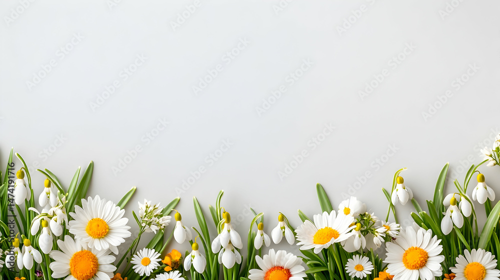Fototapeta premium Delicate white and yellow spring flowers arranged on a light gray background, creating a charming border with ample copy space