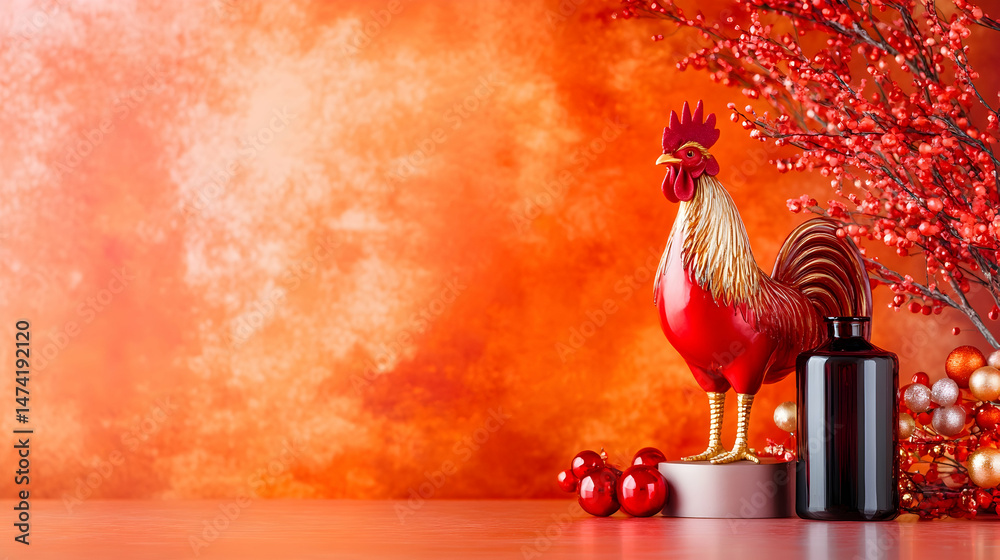 Naklejka premium Red rooster figurine, decorative berries, and dark bottle against an orange background