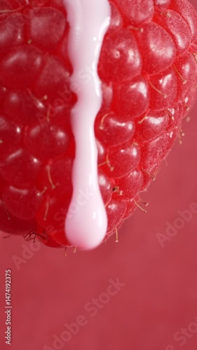 Yogurt drops pouring onto raspberry berry, macro
