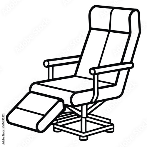 A simple line drawing of a reclining chair with armrests and an adjustable footrest. The chair has a tall backrest and is mounted on a sturdy base, emphasizing a comfortable and ergonomic design.