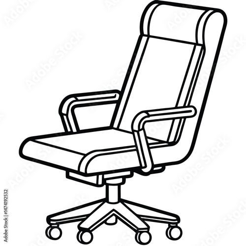 A monochrome line drawing of an office chair with a high backrest, padded seat, and armrests. The chair has a five-star base with rolling casters, suggesting mobility and adjustable features