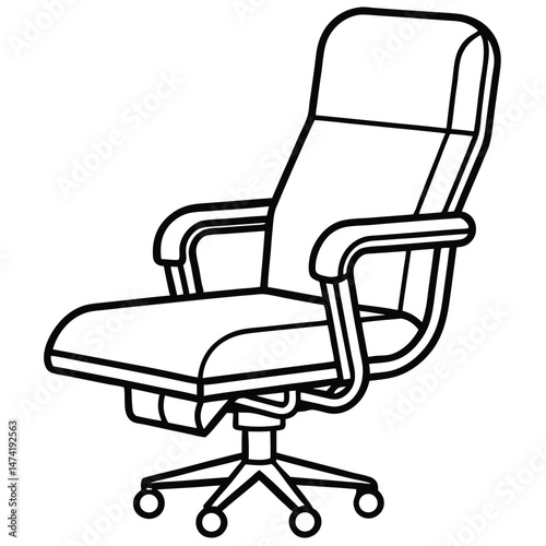 Illustration of a modern ergonomic office chair with a high backrest and padded seat. The chair features armrests and is mounted on a five-point wheeled base, allowing for easy movement. 