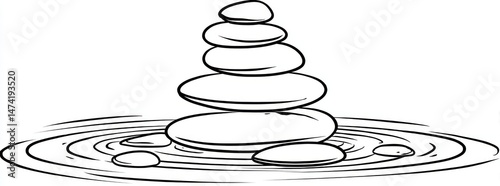 A simple linear drawing of pebbles and circles in the sand, created in one continuous line, represents the principles of balance and the enjoyment of life, echoing the peaceful ambiance of a spa and