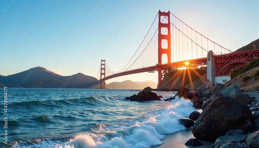Fototapeta premium Iconic Golden Gate Bridge spanning the water, bathed in sunlight , iconic, bay, mist