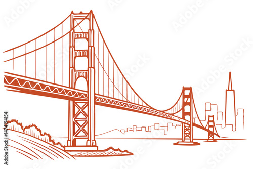 145 suspension bridge, golden gate bridge, orange architecture, minimalist illustration, architectural landmark, iconic san francisco landmark