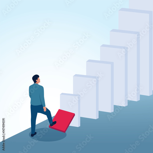 A man steps on the first domino effect. A metaphorical illustration of the first step, starting and the starting line in business.