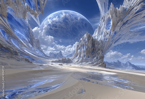 This 3D illustration showcases a fantasy landscape of alien origin