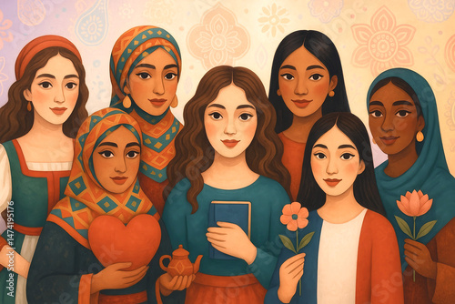 Illustration of diverse women in traditional and modern attire, each holding symbolic items like flowers, a book, or a heart. The warm, folk-art inspired composition celebrates unity, culture, and emp