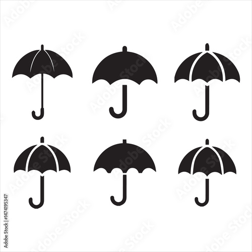 set of umbrella. Set of Solid Black Umbrella Icons in Various Styles Silhouette vector