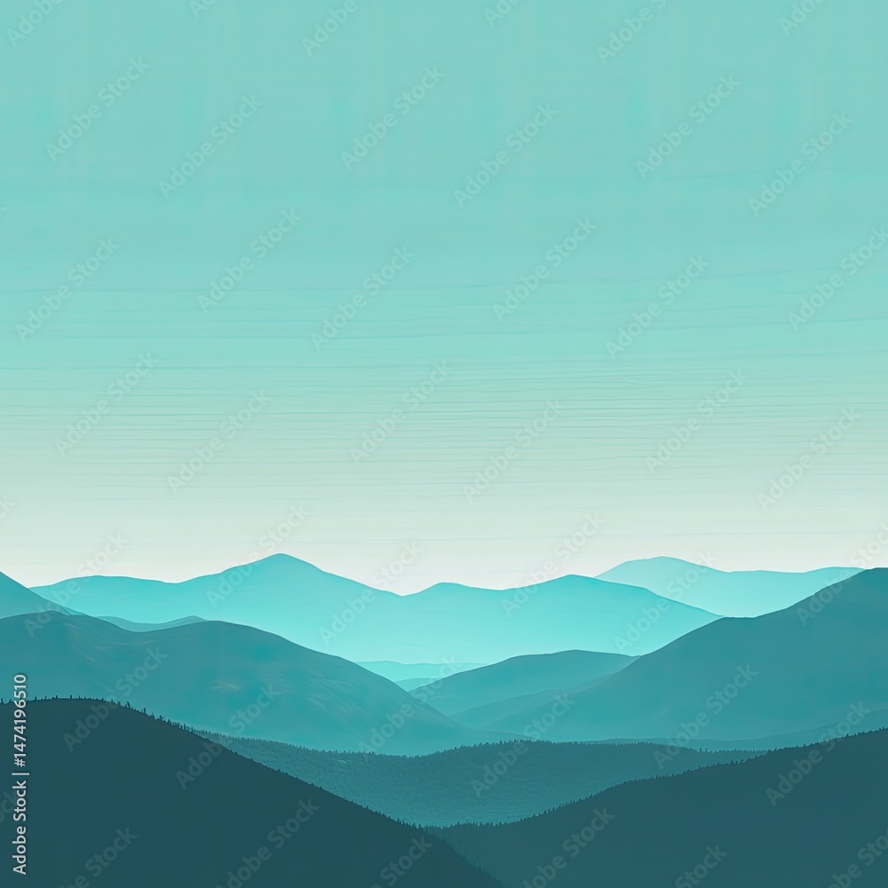 Fototapeta premium Serene mountain range vista. Soft hues of teal and pale blue blend to depict a tranquil mountain landscape