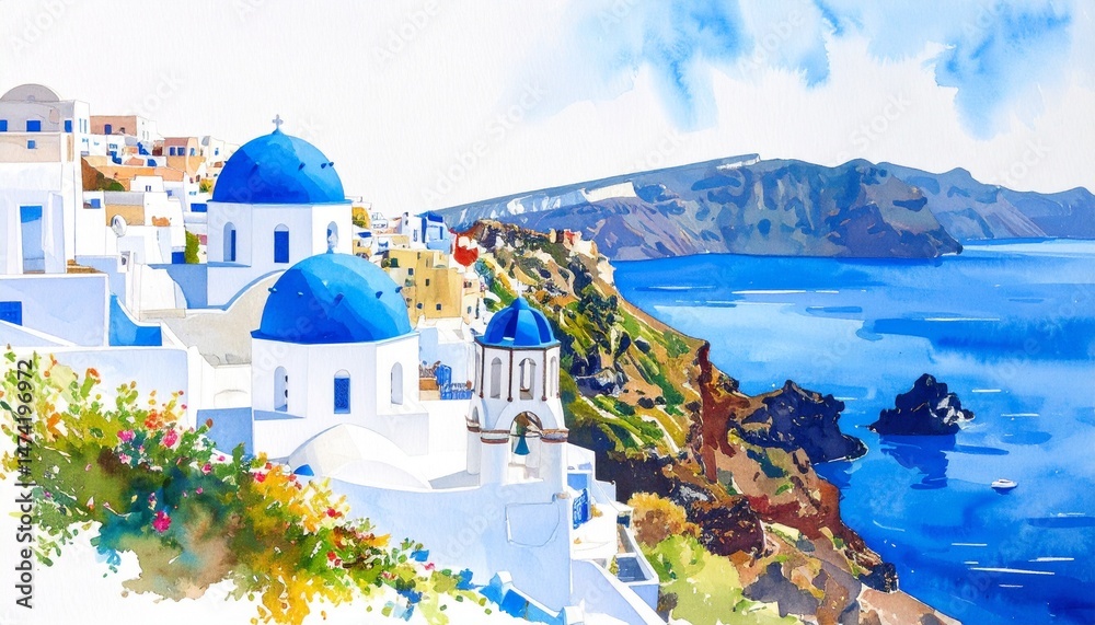 Fototapeta premium Santorini Cliffside View in Watercolor – Iconic blue domes, perfect for travel and lifestyle use