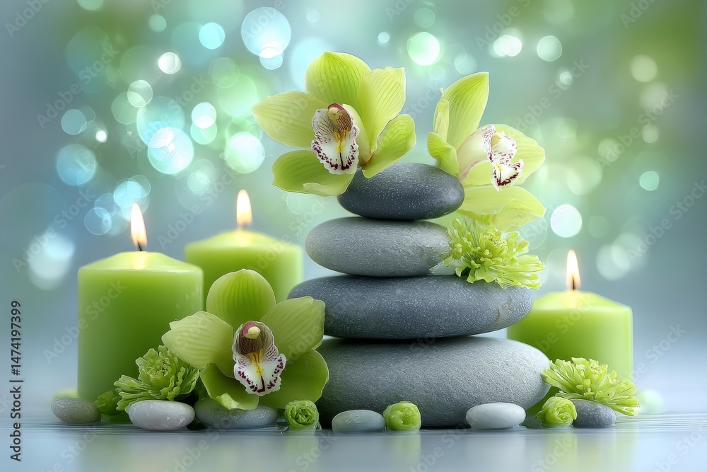 On a soft green background, elegant white orchid flowers and stacked smooth stones paired with lit candles generate a serene and calming spa atmosphere On a soft green background, elegant white orchid flowers and stacked smooth stones paired with lit candles generate a serene and calming spa atmosphere