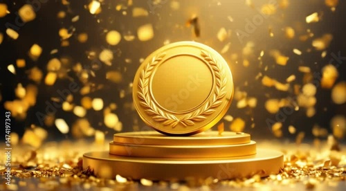 Golden medal award ceremony on podium surrounded by festive confetti celebration