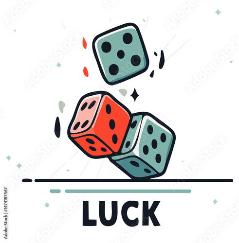 Colorful Dice and “Luck” Typography – Flat Vector Illustration for Games, Fortune, and Chance Concepts

