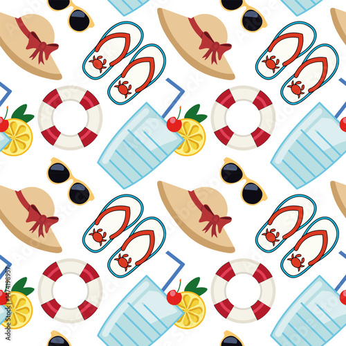 Vector seamless pattern with summer symbols including lifebuoy, flip flops, sunglasses, cocktail with cherry and lemon slice, and beach hat. Perfect for fabric, wallpaper, and holiday design projects.