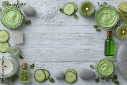 Beauty and wellness therapy treatments often incorporate a top down view of various natural remedies arranged in a border