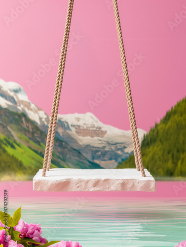 A swing in a magical atmosphere, can also serve as a stylish display podium for showcasing products, blending nature with elegance.