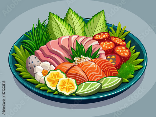 vector of Sashimi plate sushi sashimi fresh cut delicate decorative greens, isolated on transparent background...