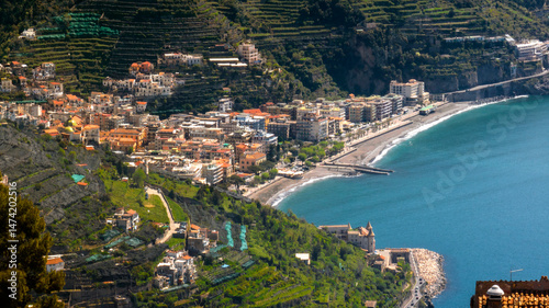 Aerial view of Maiori beach, located in Amalfi Coast, in the province of Salerno, Campania, Italy. 