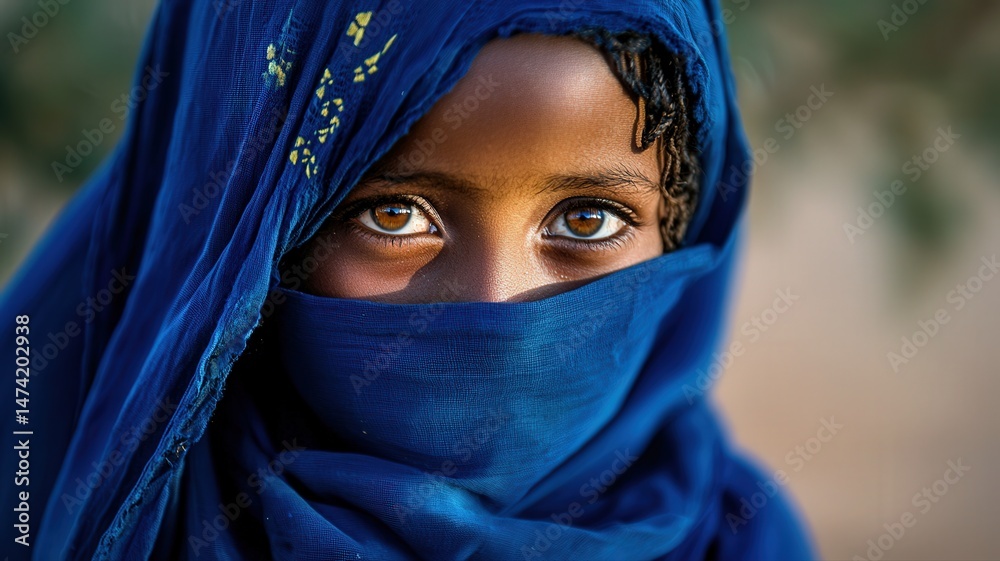 Naklejka premium Young Tuareg girl in a flowing indigo veil walking gracefully through golden Saharan dunes at dusk, soft light casting long shadows across the sand. 
